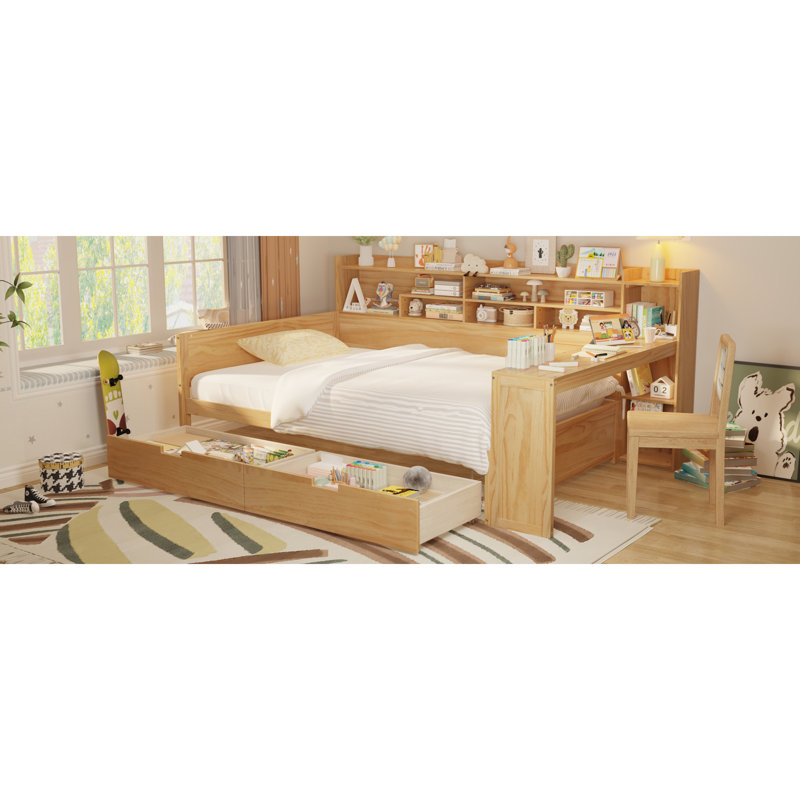 Lit double en bois compact avec rangement et bureau, style moderne