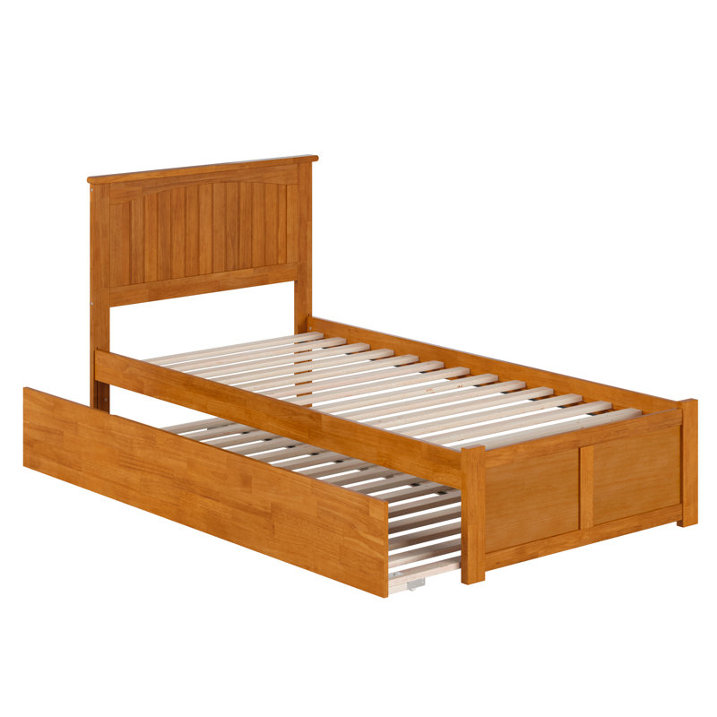 Lit plateforme en bois massif Nantucket avec pied de lit et gigogne, Simple extra long, Caramel clair