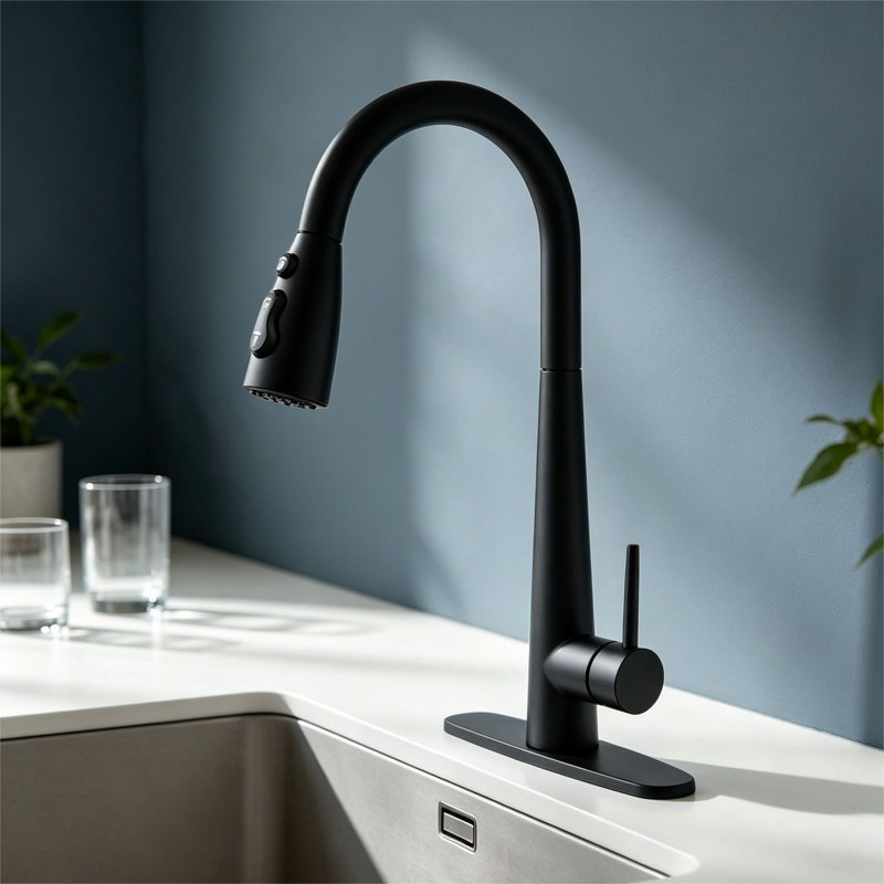 Topcraft Single Handle Single Hole Pull Down Kitchen Sink Faucet with Deck Plate, Matt Black