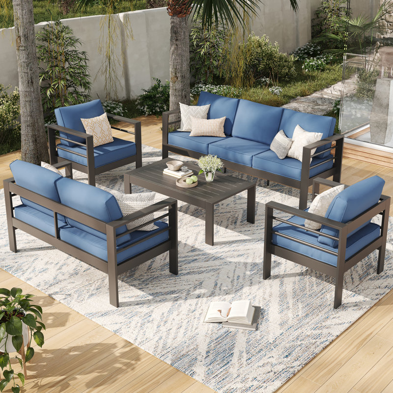 7-Person Aluminum Outdoor Seating Group with Cushions, Grayish-Black Frame / Blue Cushion