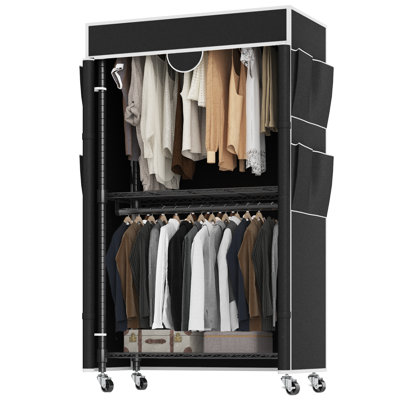 Portant à vêtements roulant avec housse, support à vêtements robuste pour suspendre les vêtements, garde-robe portable avec tablettes réglables, support à vêtements à double tringle avec roulettes