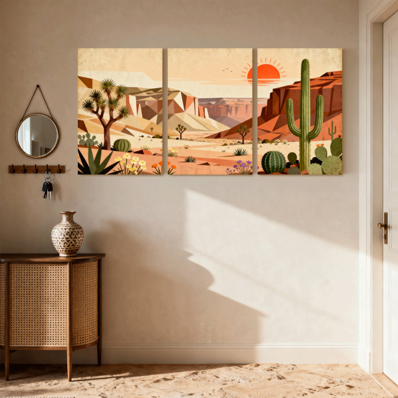 Paysage et nature, paysage désertique avec cactus et coucher de soleil, ensemble de 3 impressions sur toile