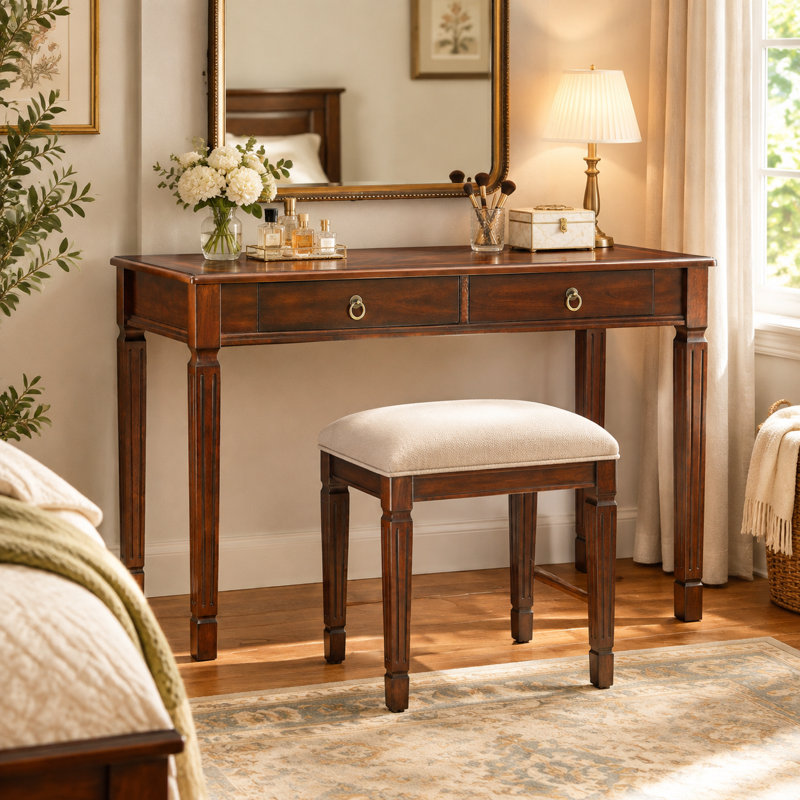 Bureau traditionnel en merisier foncé avec 2 tiroirs de rangement, poignées anneaux en laiton vieilli et pieds cannelés — 117 cm de large