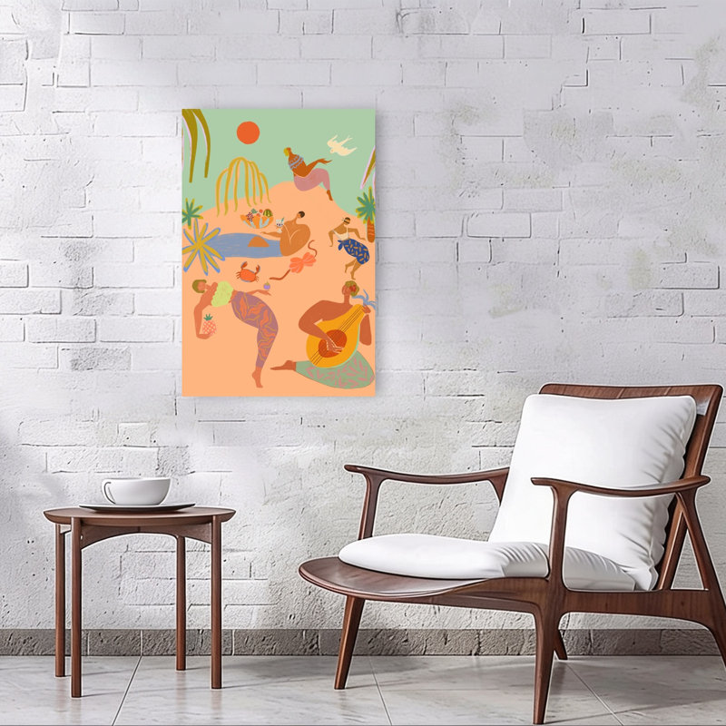 Affiche murale abstraite colorée de vacances avec palmier, oiseau et crabe, style côtier, H 36 po x l 24 po