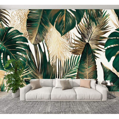 Papier peint à peler et coller, feuilles tropicales vertes dorées, blanc, sans soudure, style Hawaï, papier peint mural amovible en PVC 100 po x l 144 po, décoration murale auto-adhésive pour chambre à coucher, bureau à domicile