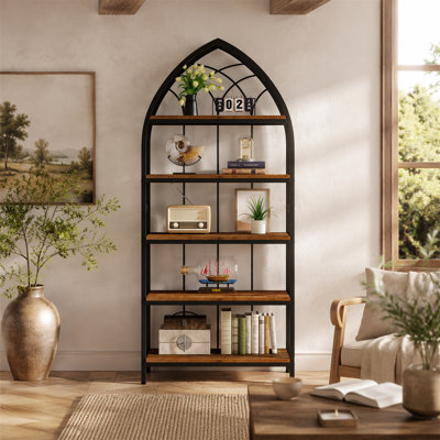 Five Tier Industrial Curved Wooden Bookcase with Sturdy Metal Frame for Home Office Storage Display