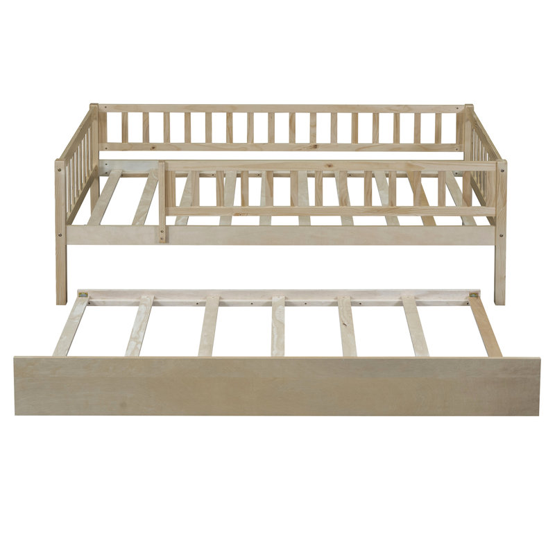 Lit de jour simple avec couchette et garde-corps en bois naturel - Qualité de protection durable du bois, Naturel, Lit simple