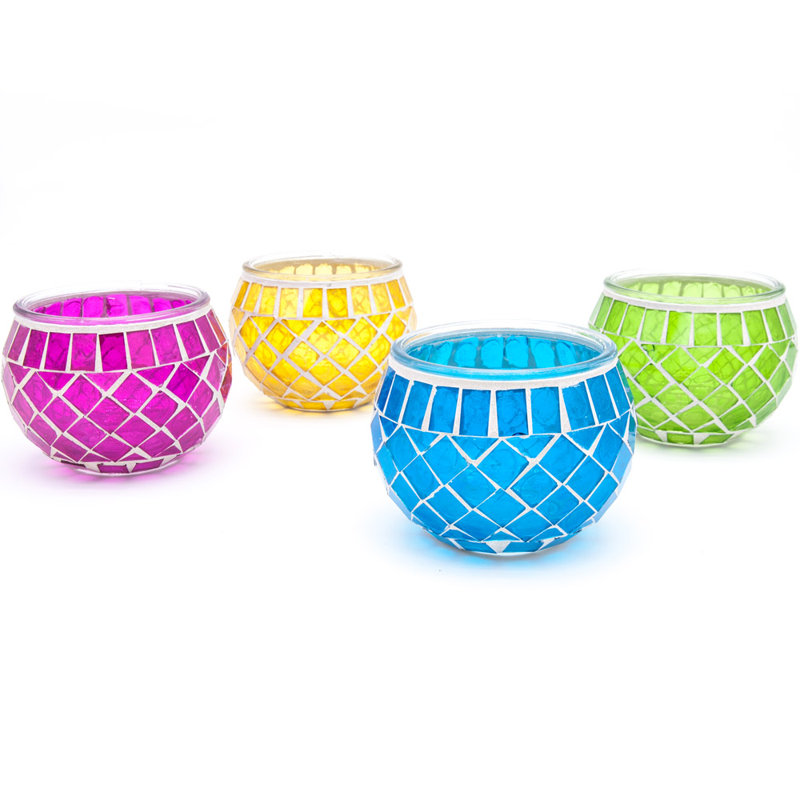 4 Piece Glass Tabletop Tealight Holder Set with Candle Included