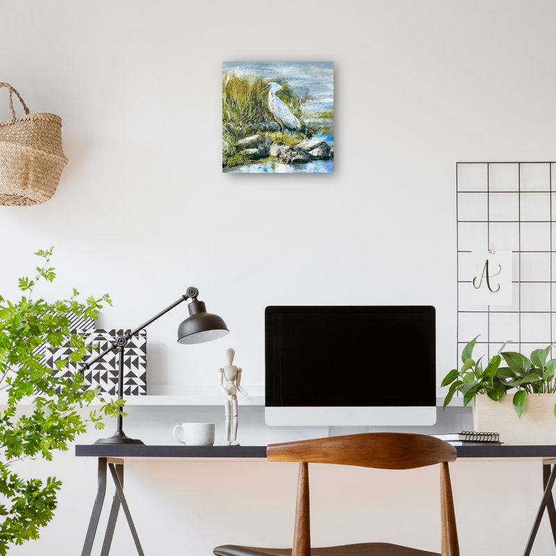 Snowy Egret 12x12 White Canvas Art Print