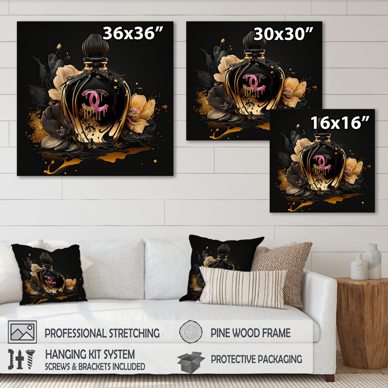 «Chic Black and Gold Perfume Bottle II», art sur toile tendance, H 24 po x l 24 po x P 1 po, Toile tendue