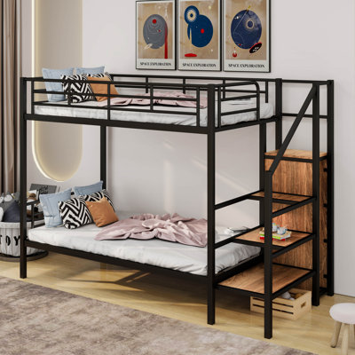 A Full-Sized Over Full-Sized Metal Bunk Bed, Equipped With A Lateral Storage Ladder And A Wardrobe