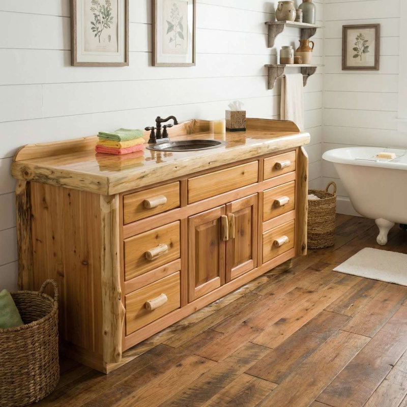 Meuble-lavabo Fireside Lodge Cedar, Lavabo double, Comptoir en pierre avec finition en verre liquide