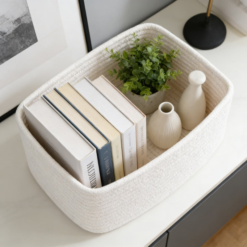 Woven Cotton Storage Baskets Set Of 3, Handmade Organizer Bins For Closet, Shelf, Desk, And Nursery, Decorative Rectangular Baskets For Home Organization