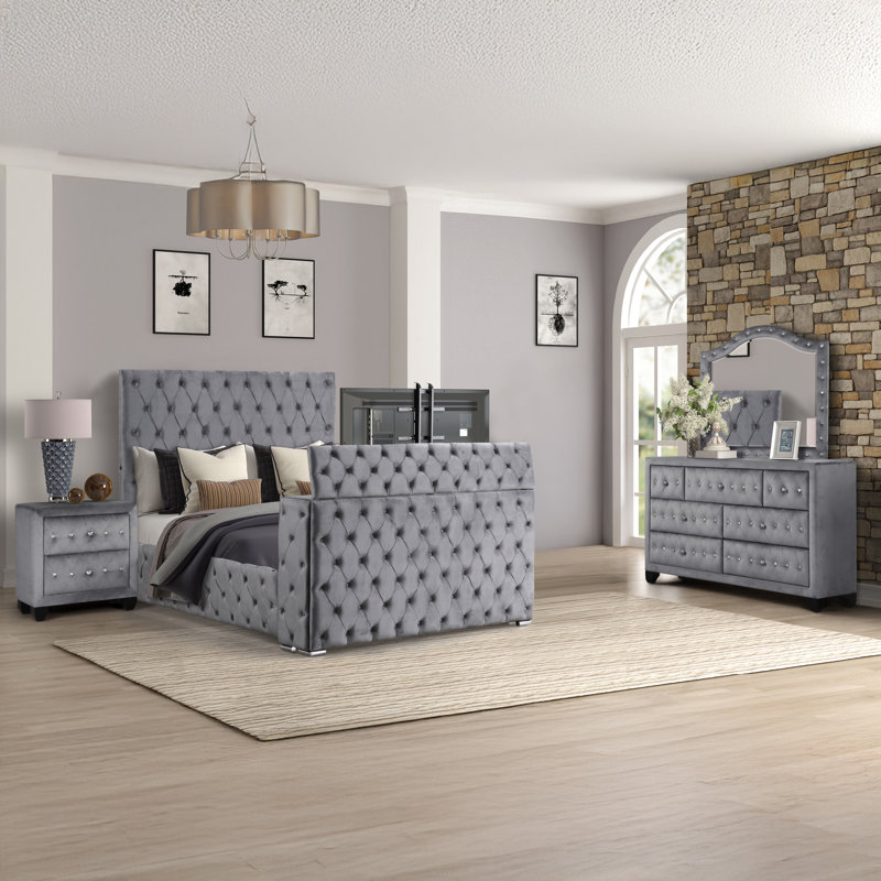 Ensemble de chambre à coucher 5 pièces Mikilah, Grand, Gris