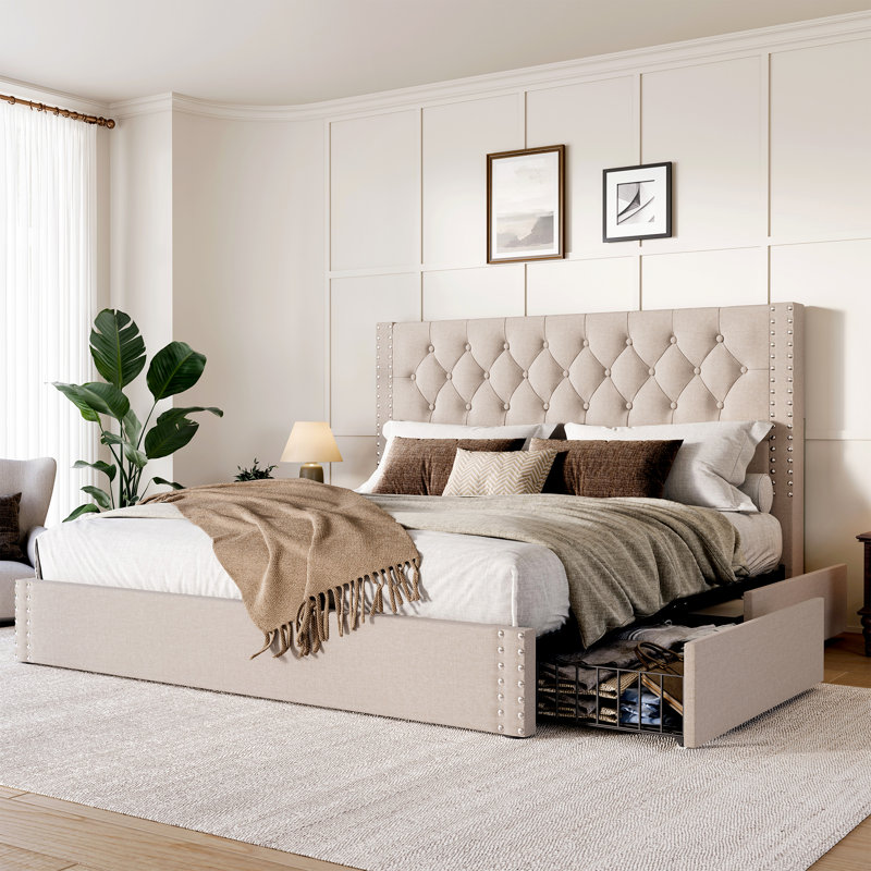 Kevyon Upholstered Platform Storage Bed, Beige, Full