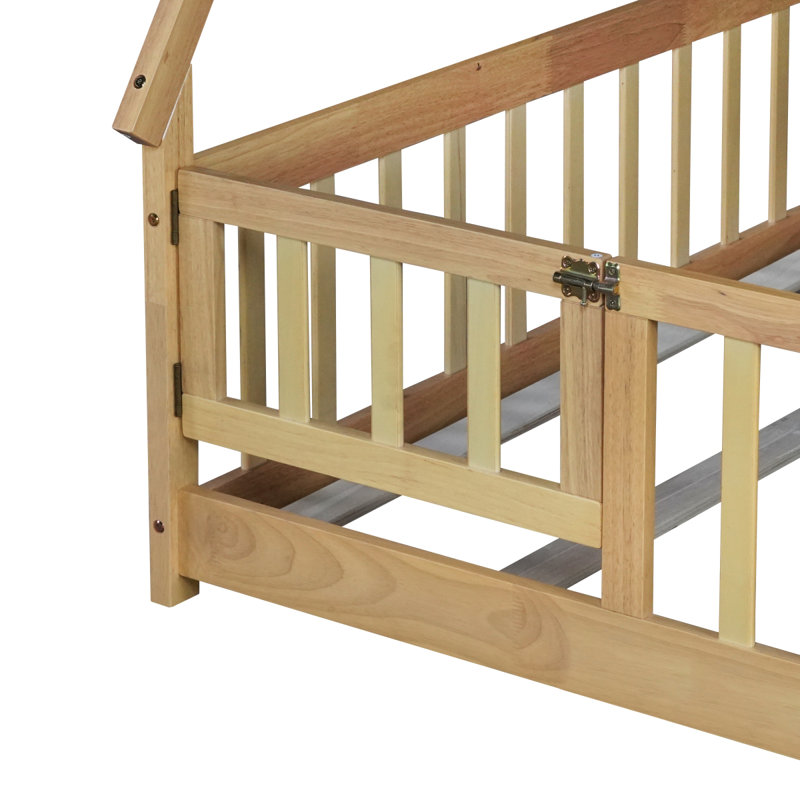 Full Size Rubber Wood Tent-shaped Floor Bed,with Guardrails,Slats and Door,Natural, Full