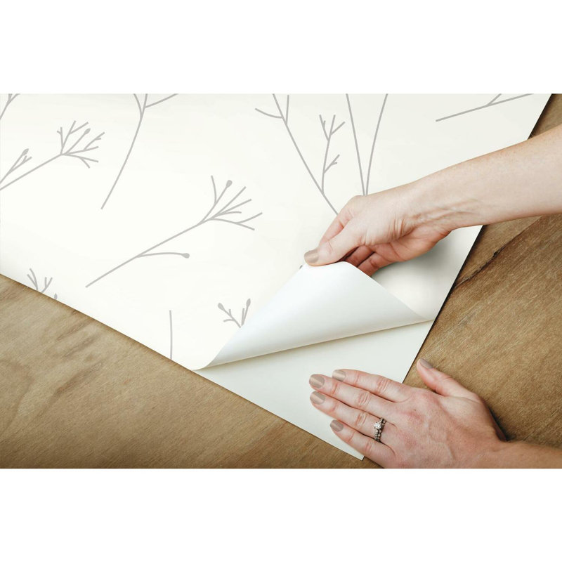 Twigs 16.5' L x 20.5" W Peel and Stick Wallpaper Roll, Grey/White