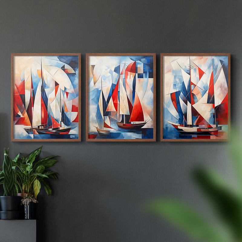 Série Sea and Shore XCV - Ensemble de 3 estampes numériques - Prêt à accrocher, Cadre noyer, H 10 po x l 8 po