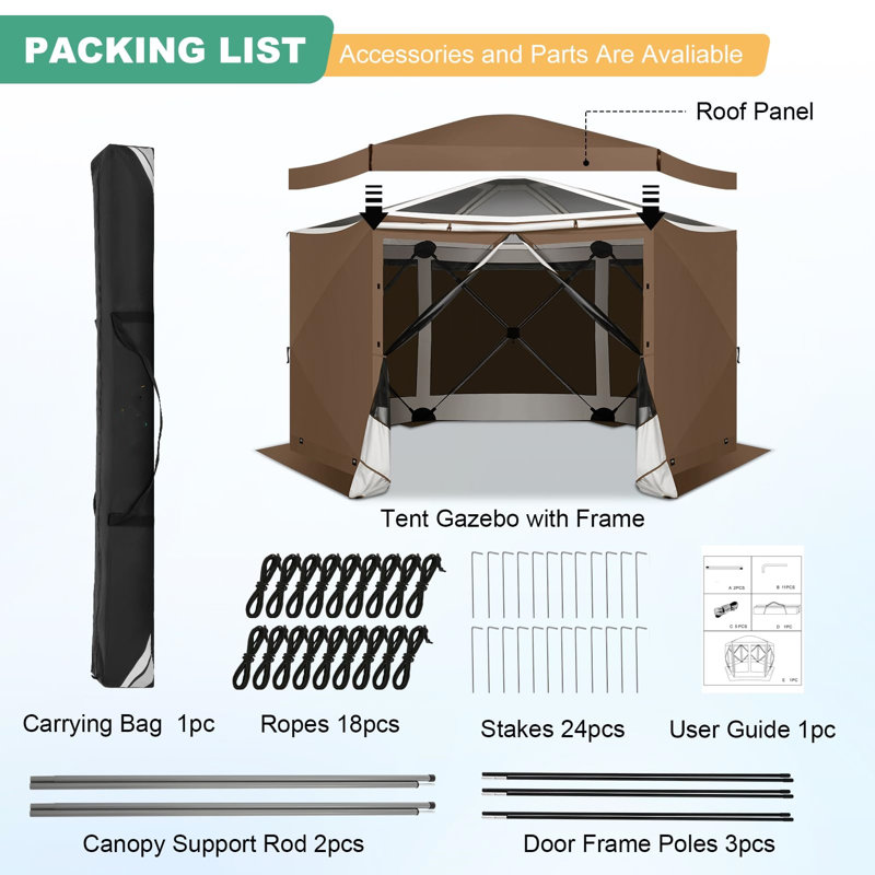 12x12 Pop up Gazebo Screen House Tent, Outdoor Canopy with Removable Roof&Sidewalls, Brown