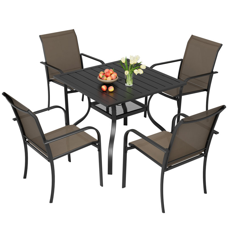 Behrendt 4-Person Patio Dining Set with Square Metal Dining Table and Stackable Textilene Armrest Chairs (Black), Brown
