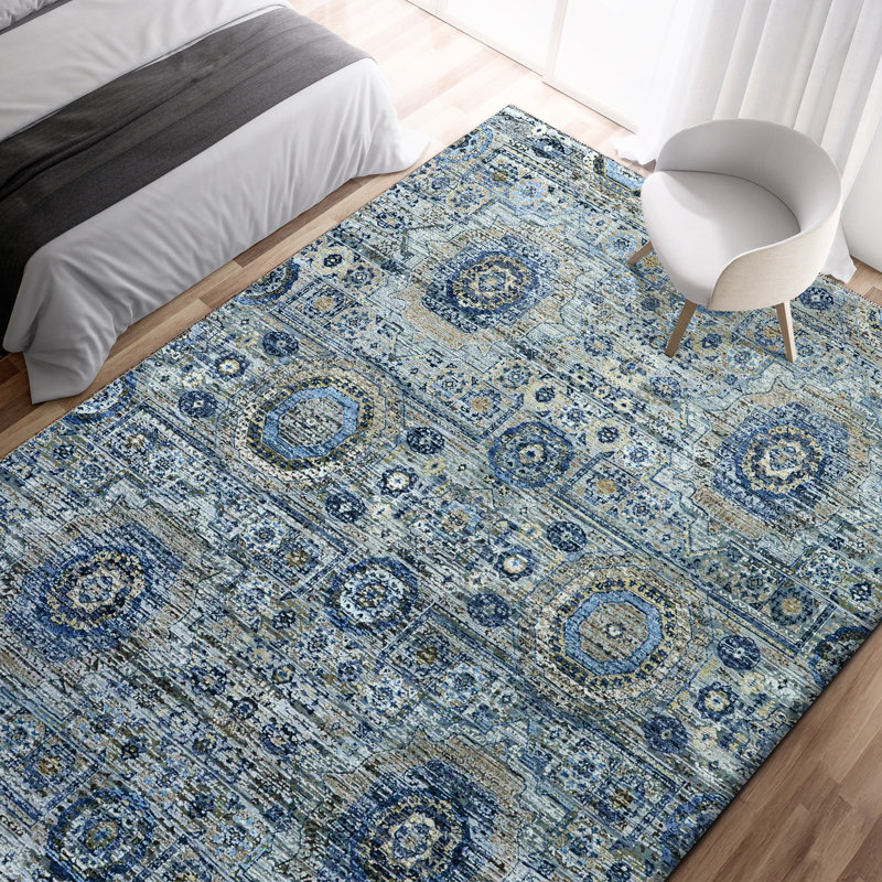 Tapis gris et bleu noué à la main de haute qualité, Rectangle de 5 pi x 8 pi