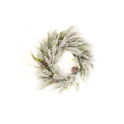 Hanging Flocked White and Green Plastic Mixed Foliage Wreath