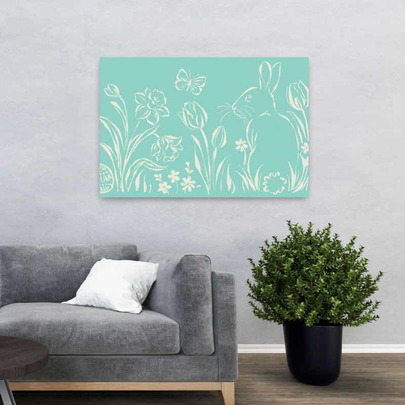 Art mural printanier sarcelle, papillon et jonquille, H 32 po x l 48 po