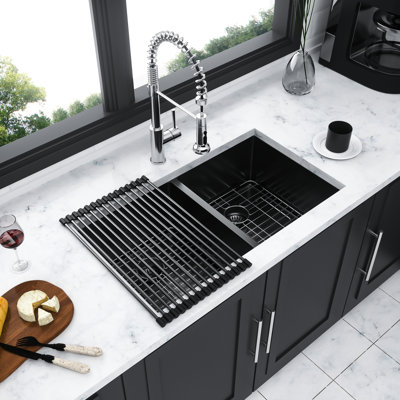 33" Double Bowl  50/50  Undermount Gunmetal Black 16 Gauge Stainless Steel Kitchen Sink, 10" Deep Basins, Hand - Forged, Rear 3.5 Drain, X Grooves For Drainage, Sound Proofing Pads, Condensation