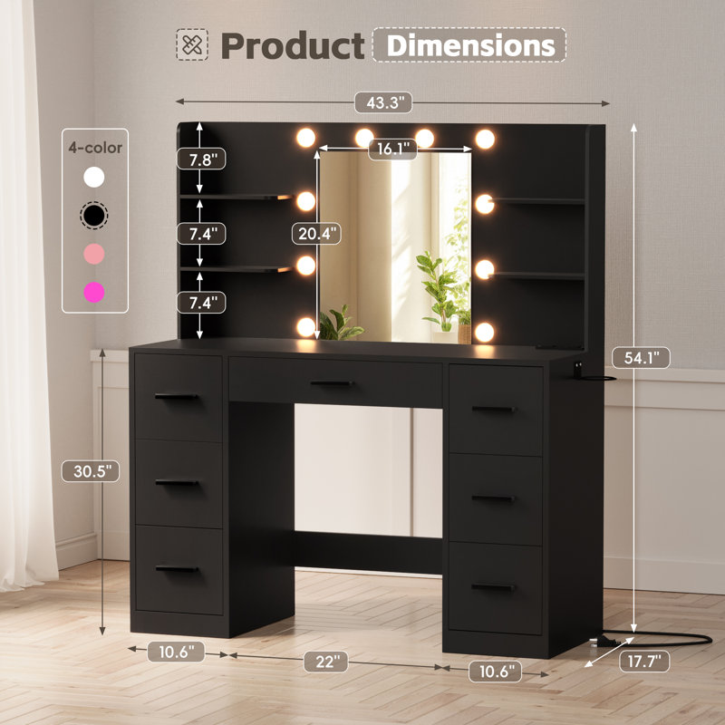 Ragin Makeup Vanity With Usb Power Outlet And 3 Modes Adjustable Brightness Light, Black