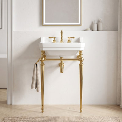 Meuble-lavabo autoportant de 23 po en acier inoxydable, meuble-lavabo mural en céramique blanche avec 3 trous de robinet pré-percés, pieds de support autoportants en acier inoxydable doré avec barre à serviettes de style assorti (sans robinet ni couvercle de lavabo)