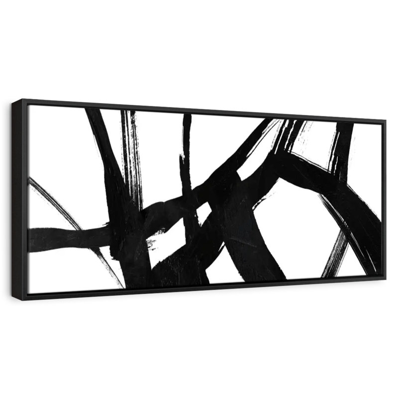 Encre noire stries V, 57 po x 19 po, Cadre flottant noir