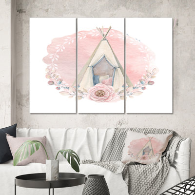Kids Boho Wigwam en rose - peinture sur toile tendue 3 pièces