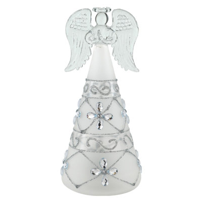 Ensemble de 2 figurines d'anges debout en métal givré à DEL, ornées d'ailes finement travaillées et peintes à la main.