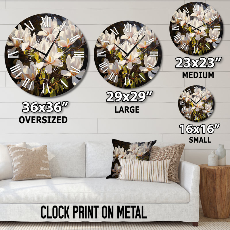 Horloge murale blanche blanche jaune Magnolias, Médium