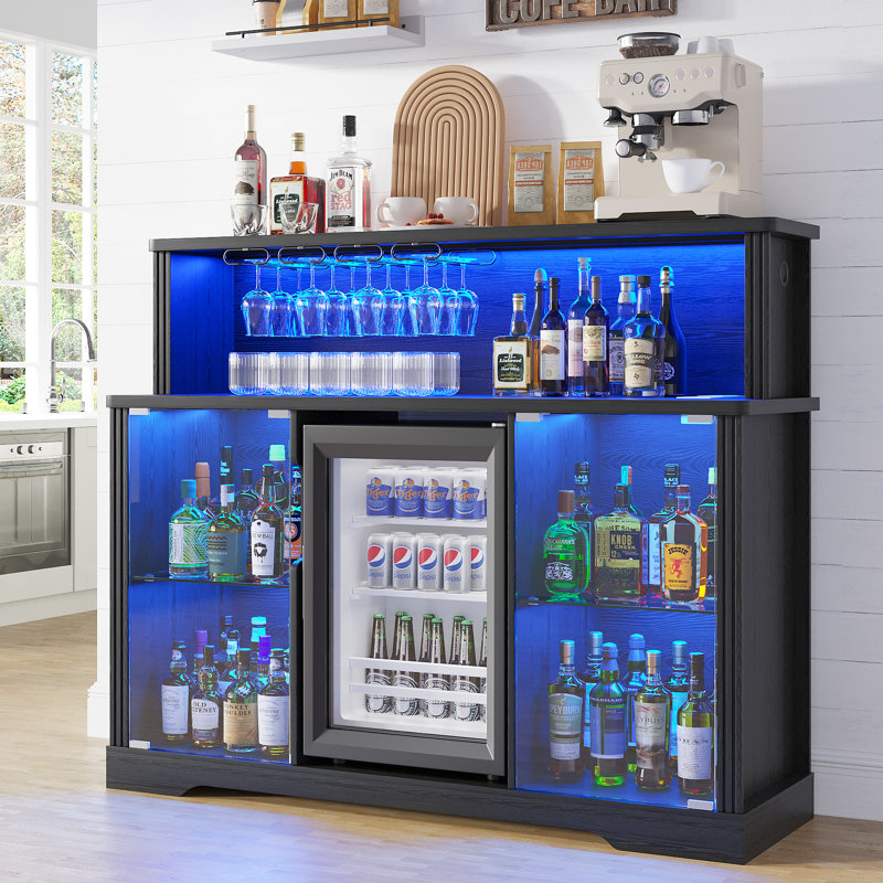 	Glass Wine Cabinet with Freestanding Wine Cooler Refrigerator, 4 Removable Wine Shelves, RGB Light, Black