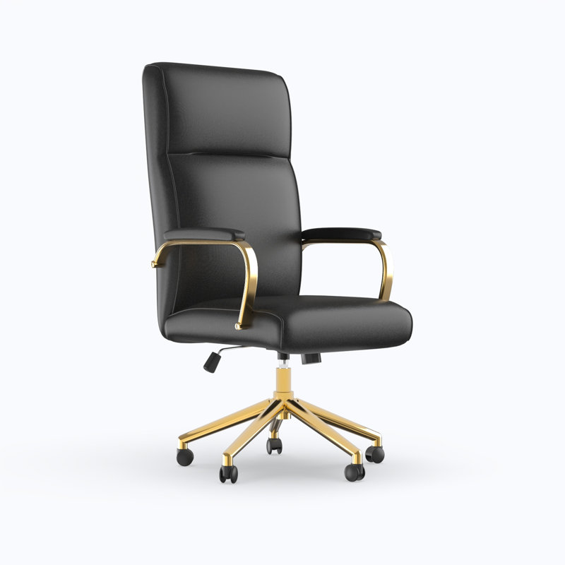 Fauteuil de direction en cuir avec accoudoirs, dossier haut et soutien lombaire, Noir, Or