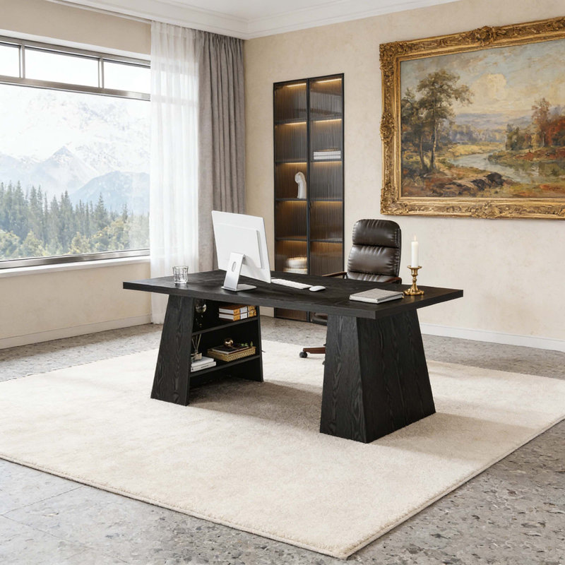 Modern Executive Computer Desk with Storage Shelves
