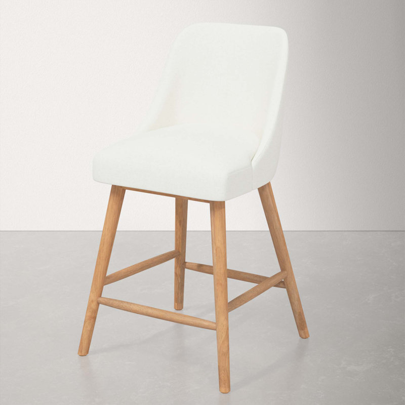 Tabouret Gallie, Bois naturel, Tabouret de comptoir (siège d'une hauteur de 27 p, Lin blanc texturé Zuma