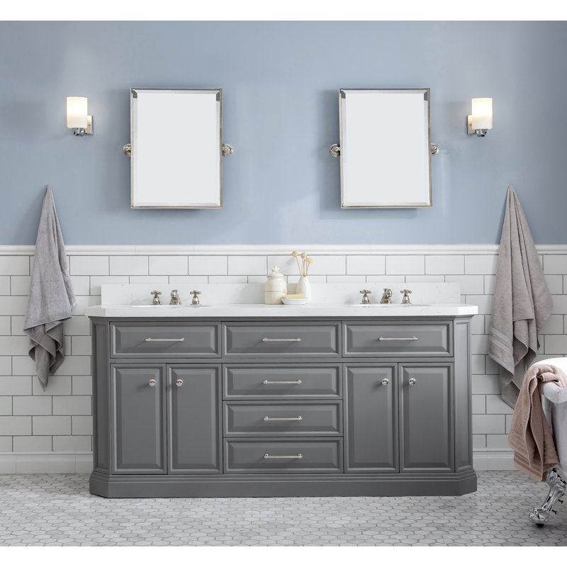 72" Palace Collection Quartz Carrara Cashmere Grey Bathroom Vanity Set With Hardware, Mirror in Polished Nickel (PVD) Finish