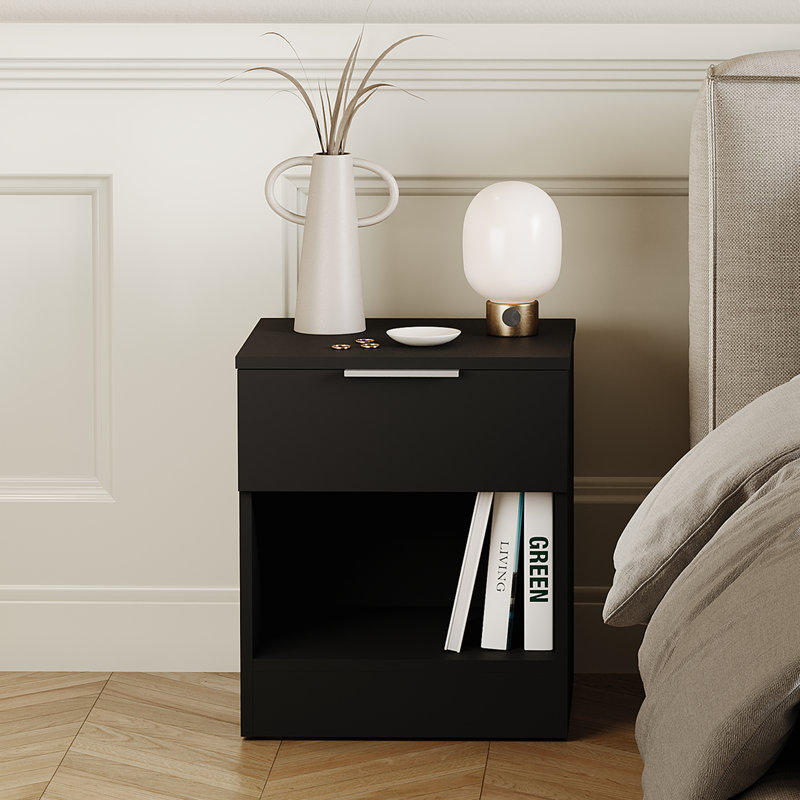 Tanishi 1 Drawer Bedside Chest With Open Storage Shelf Modern Bedroom Nightstand, Black