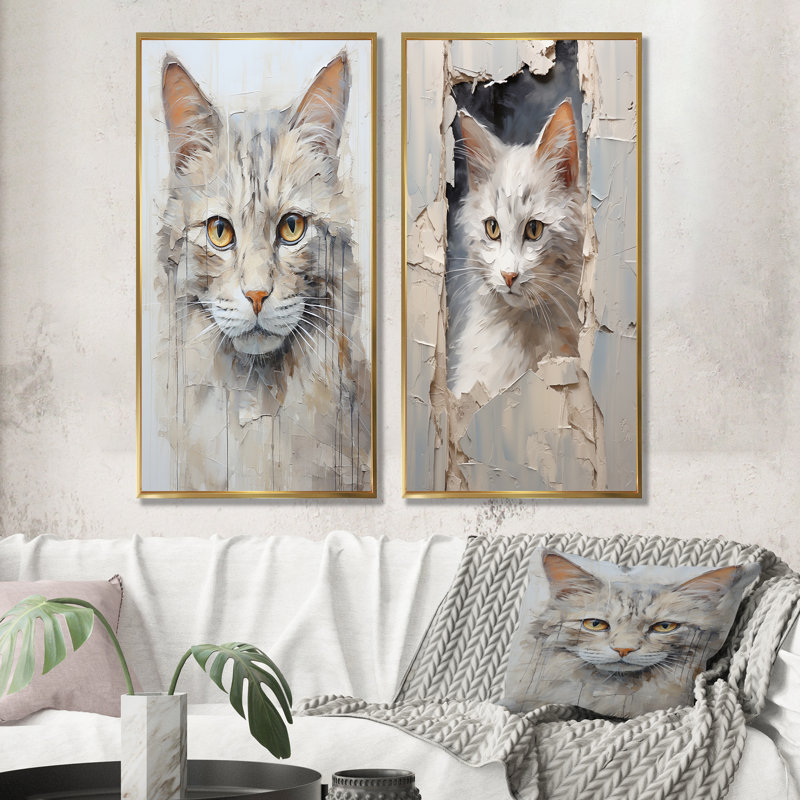 Minimalisme, chat beige, ensemble de 2 reproductions d'art mural, Cadre flottant doré, H 28 po x l 25 po