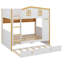 Lit superposé en forme de maison avec lit gigogne et tablettes de rangement, cadre de lit superposé en bois avec barrières et échelle de type maison-385835608