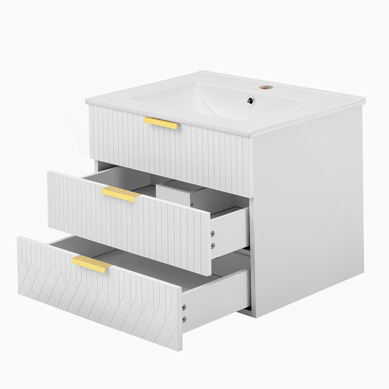Armoire flottante murale 24 po avec armoire latérale, meuble-lavabo rectangulaire, petit lavabo de salle de bain avec trou de robinet simple et trop-plein, armoire de salle de bain moderne avec lavabo en céramique