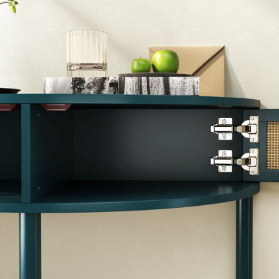 Table de bout unique en demi-lune avec porte coulissante en rotin, console élégante en demi-cercle avec 2 armoires de rangement en rotin et tablette inférieure pour le salon, la chambre à coucher, le bureau, le couloir (vert)