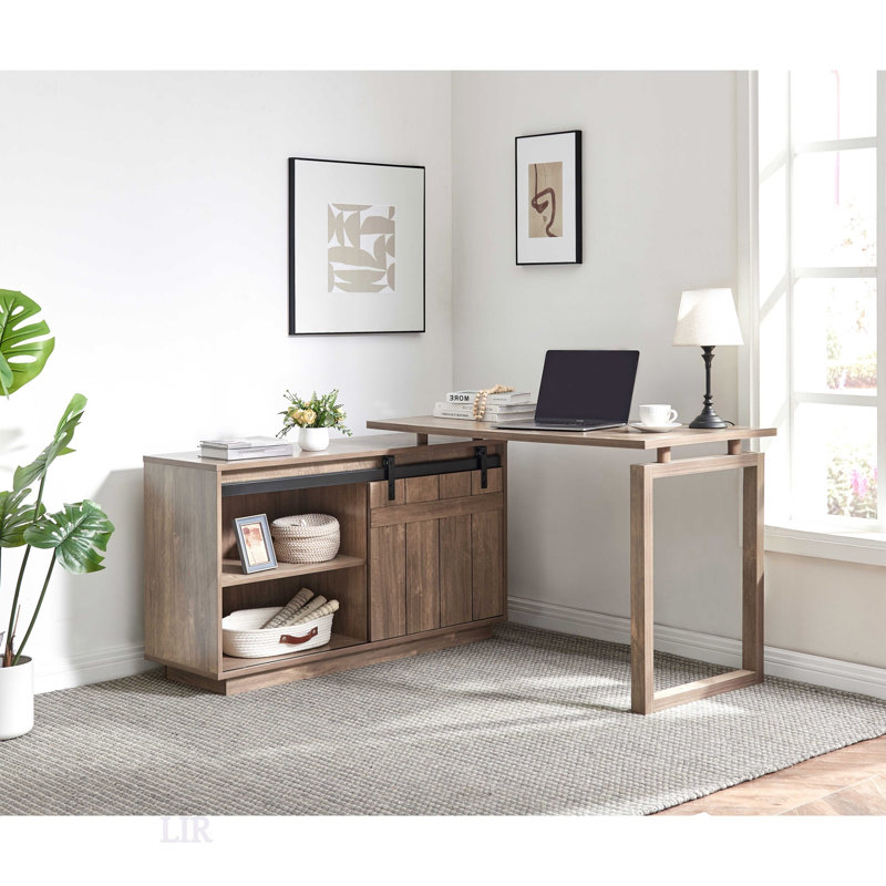 L-Shaped Workstation With Storage Credenza, Sliding Barn Door, And Reversible Design For Home Office, Hazelnut Finish