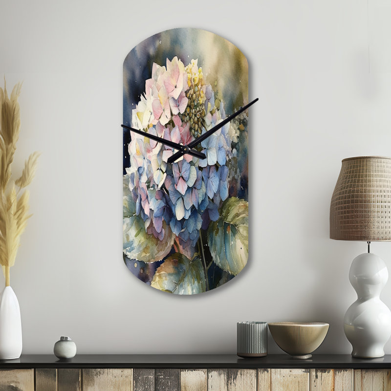 Horloge murale asymétrique mauve, hydrangée mauve et verte, Grand