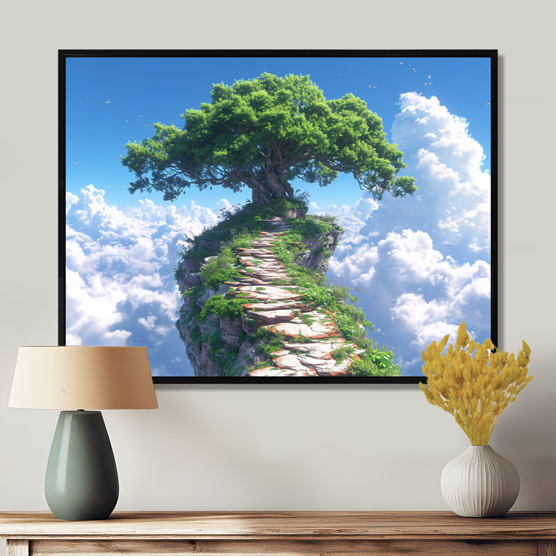 Chemin vers un arbre dans les nuages - art mural chêne, Toile avec cadre flottant noir, H 16 po x l 32 po x P 1 po
