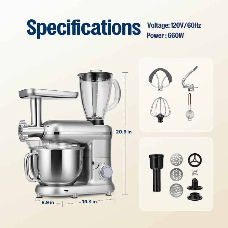 6-Quart Tilt-Head Multifunctional Stand Mixer, Silver