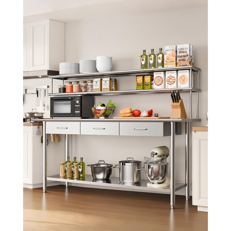Table de travail en acier inoxydable, table de préparation alimentaire 61 x 183 cm avec tablettes supérieures et 3 tiroirs, poste de travail de cuisine professionnel avec tablette inférieure réglable, table de travail utilitaire en métal