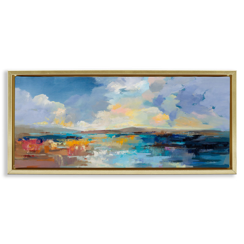 «Seaside Sunset», art mural encadré flottant abstrait par Silvia Vassileva, Cadre flottant métallique doré, H 14 po x l 31 po